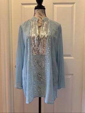 Sequin-Trim Light Blue Women's Tunic Top